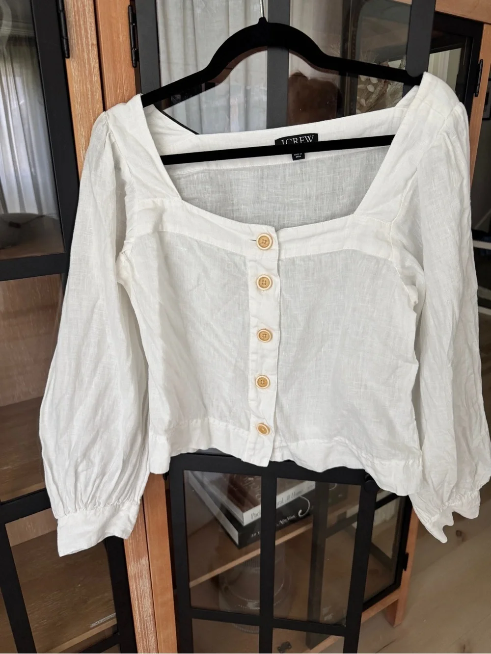 J. Crew linen top Squareneck button-up blouse puff long sleeve neutral